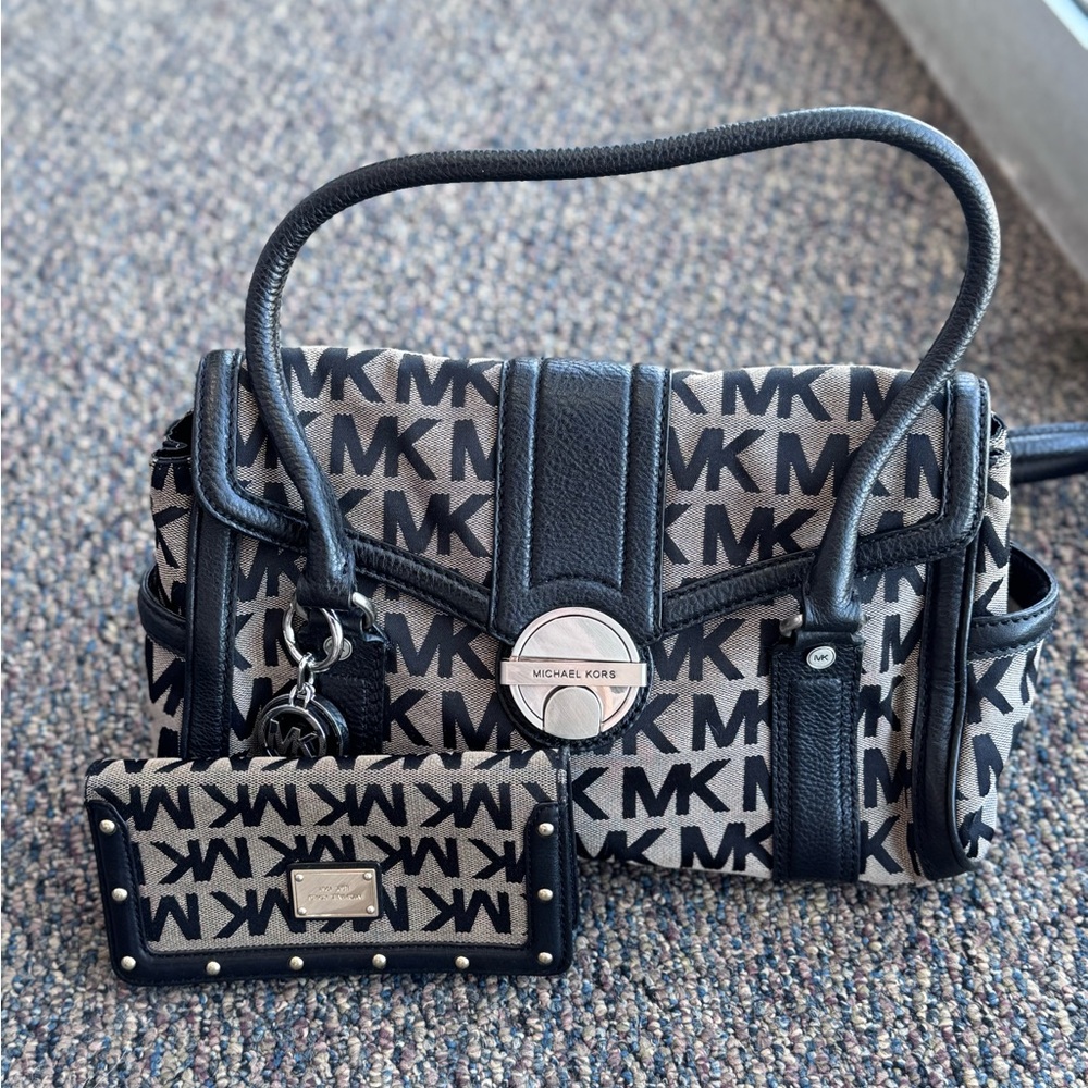 Michael Kors Black and Gray Westbury Logo Handbag with Matching Wallet
